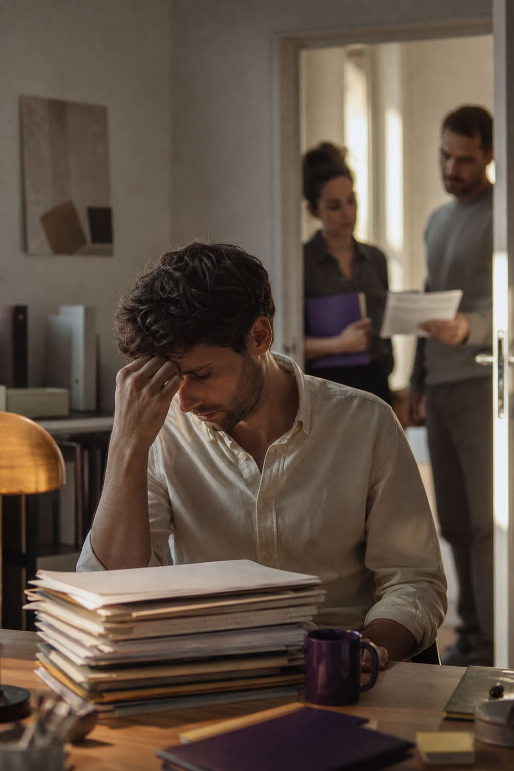 Un jeune manager débordé à son bureau, des collègues attendent à la porte.