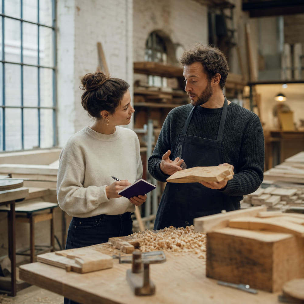 Une femme échange avec un ébéniste dans son atelier.