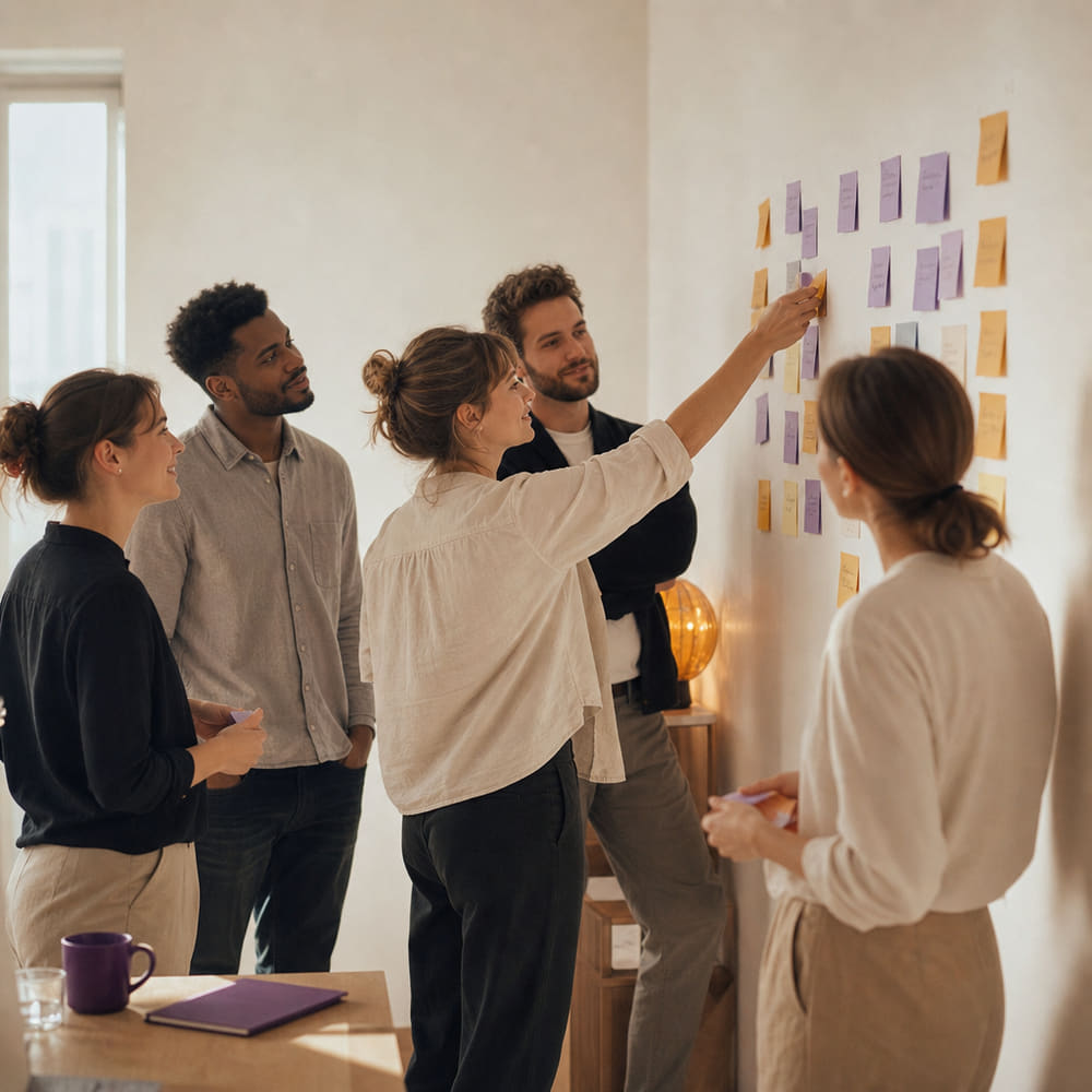Une équipe soudée autour d'un mur de post-it.